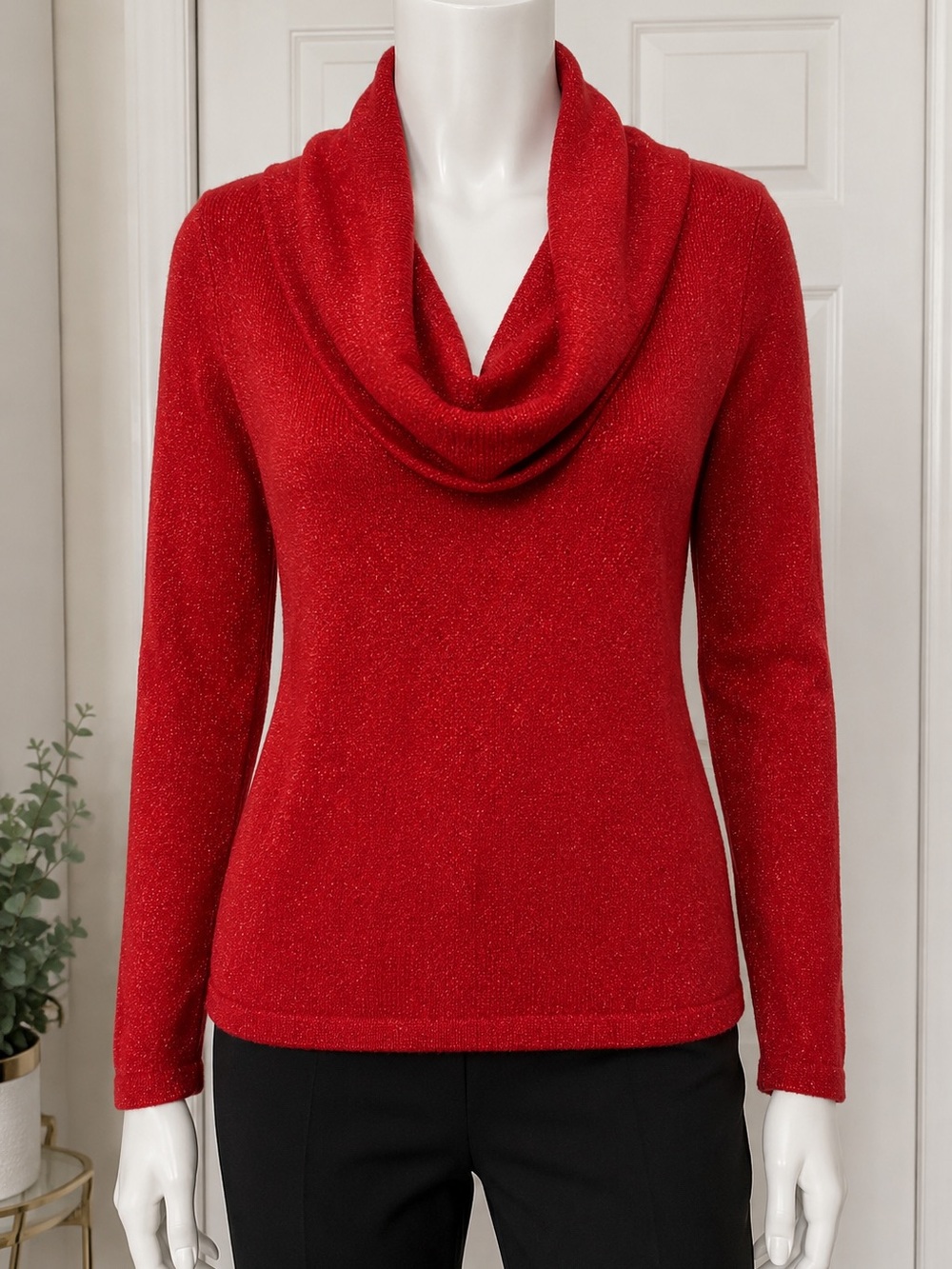 Jones New York Red Sparkle Cowl Neck Sweater